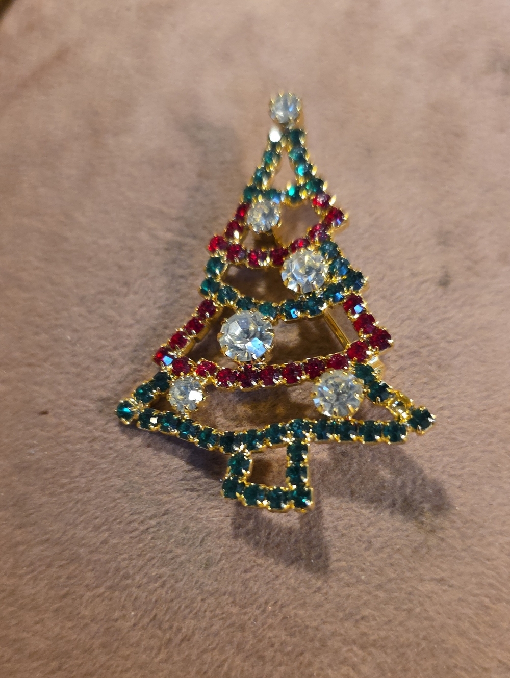 Vintage Gold-Tone Christmas Tree Brooch with Green & Red Glass Rhinestones